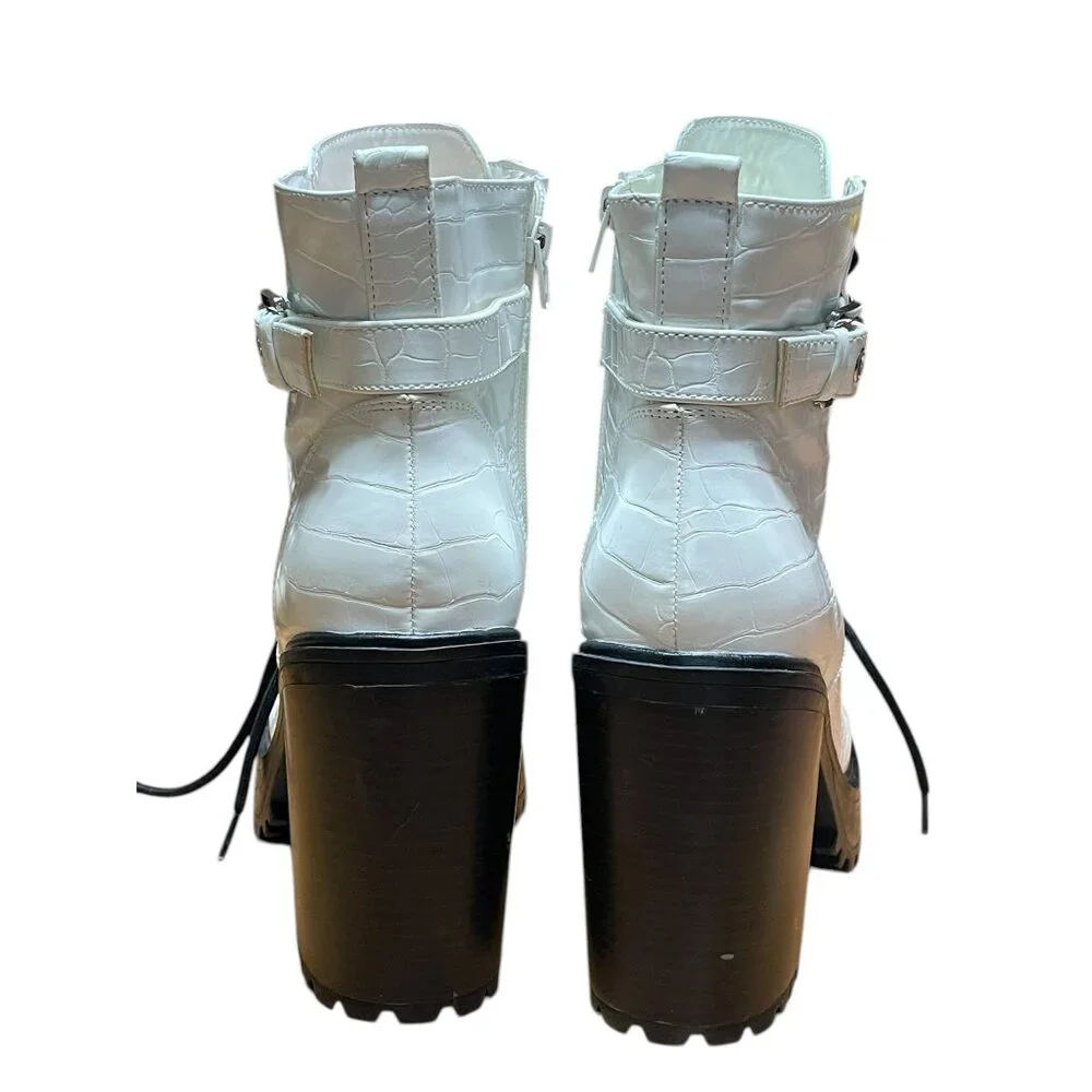 CBG Los Angeles White Croc-Embossed Lace-Up Platform Boots 10M Faux‎ Leather